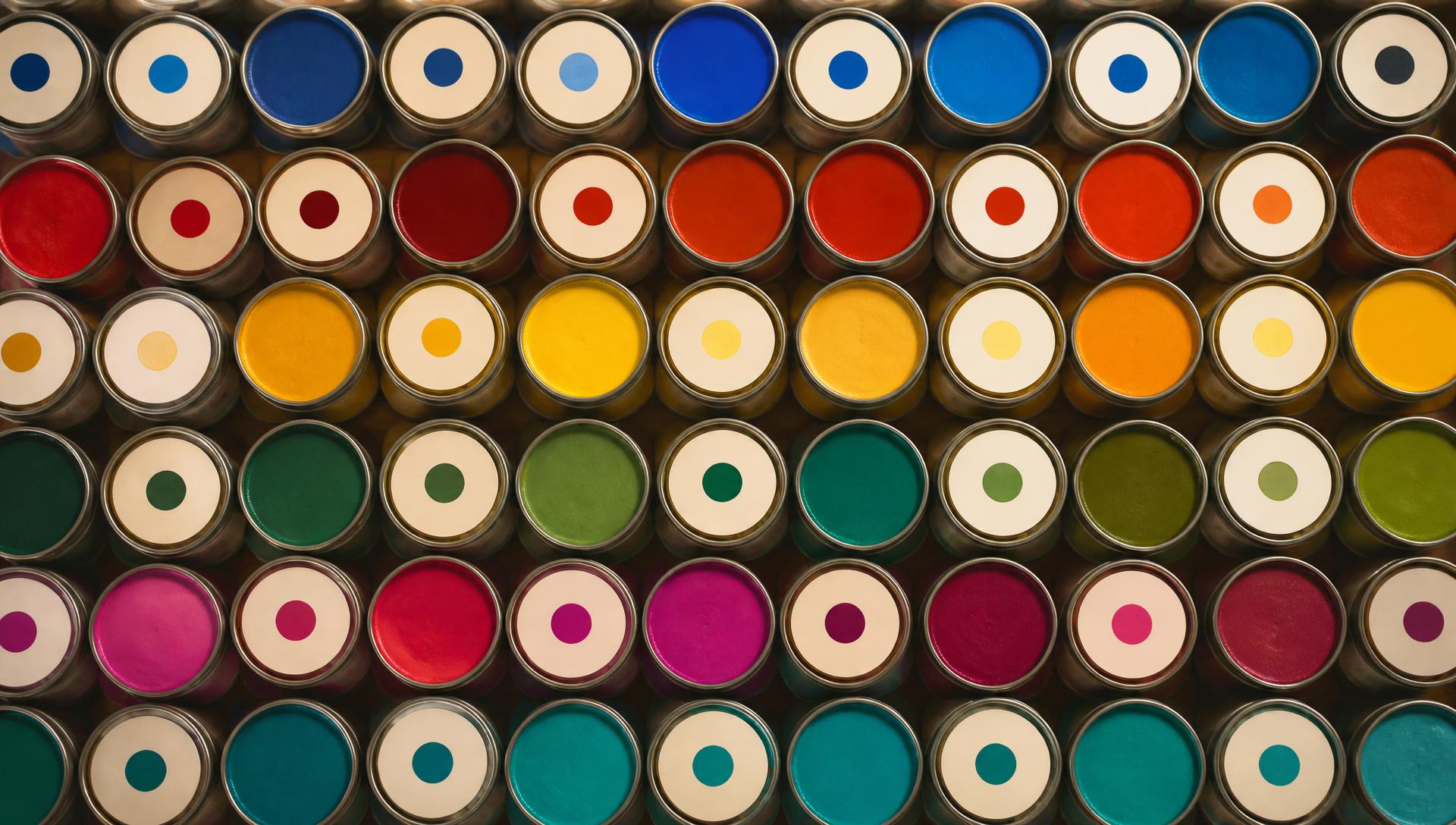 Rows of handmade encaustic paint tins arranged as a colour wall